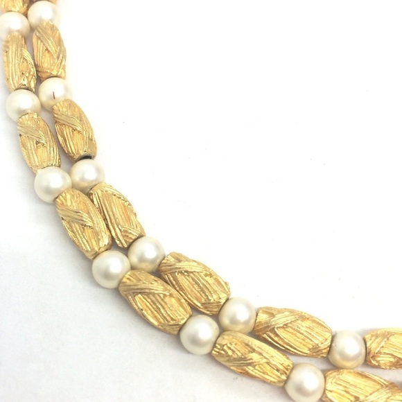 VINTAGE MID CENTURY MODERN MCM NECKLACE BRUSHED GOLD TONE PEARL DOUBLE STRAND - Picture 10 of 16